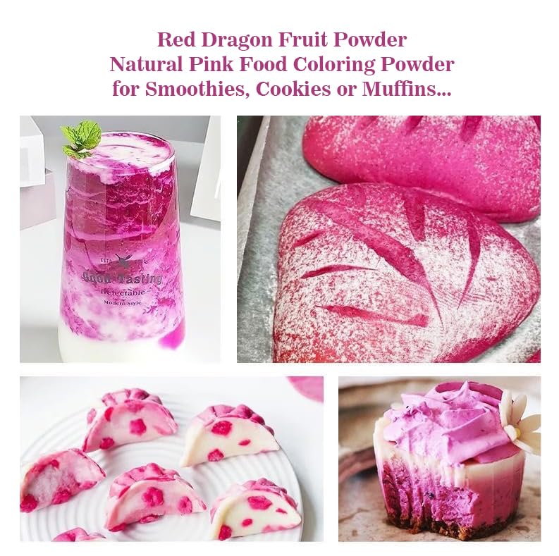 Dragon Fruit Powder Pink Pitaya 4oz, Vegan Gluten Free for Baking, Drinks, Smoothies & Natural Food Coloring