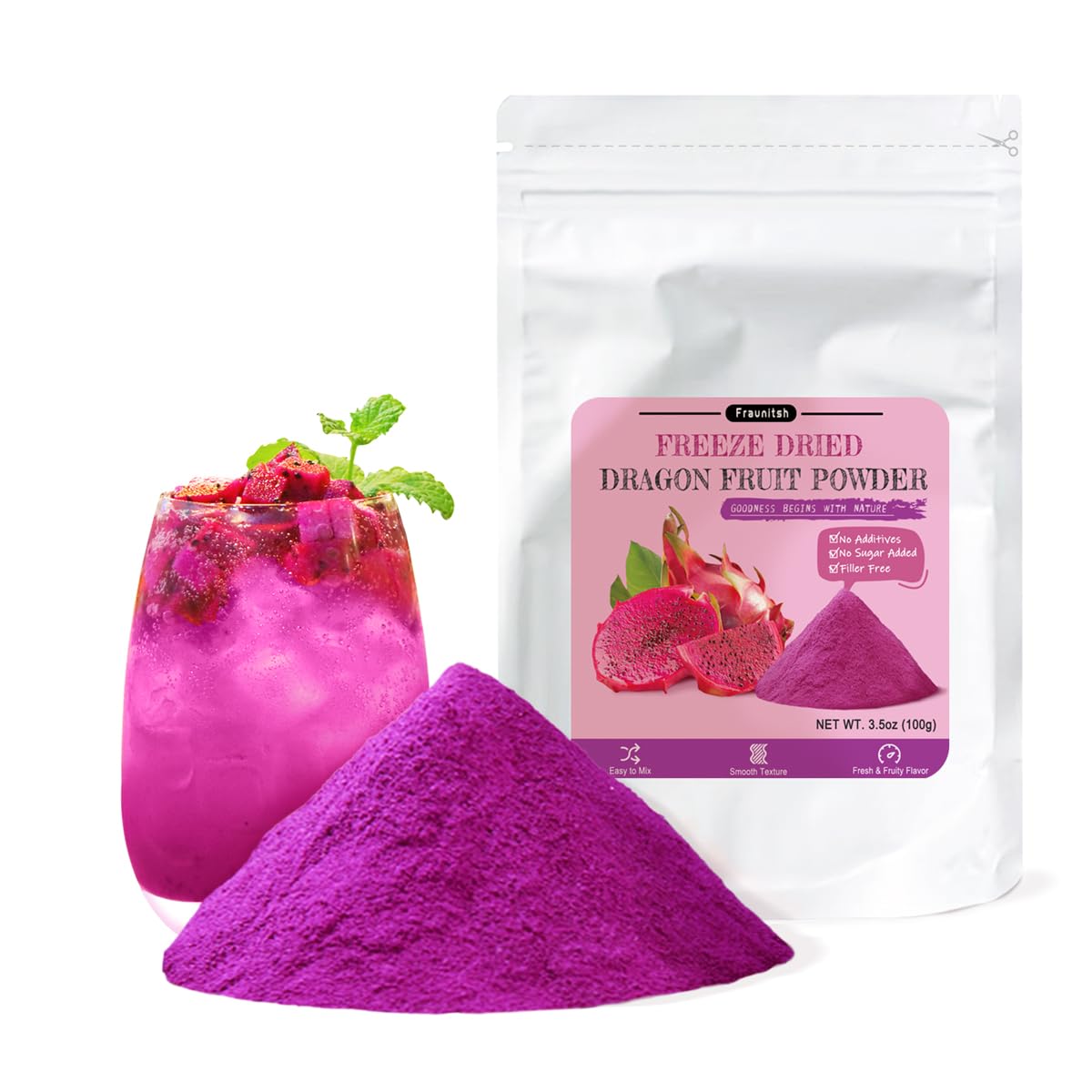 Dragon Fruit Powder Pink Pitaya 4oz, Vegan Gluten Free for Baking, Drinks, Smoothies & Natural Food Coloring