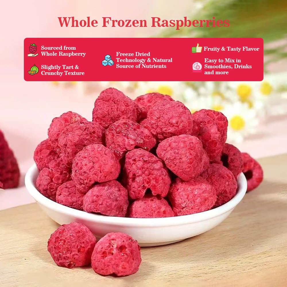 2-Pack Bulk Freeze-Dried Raspberries Total 200g Natural Whole Berry, Crunchy, No Added Sugar